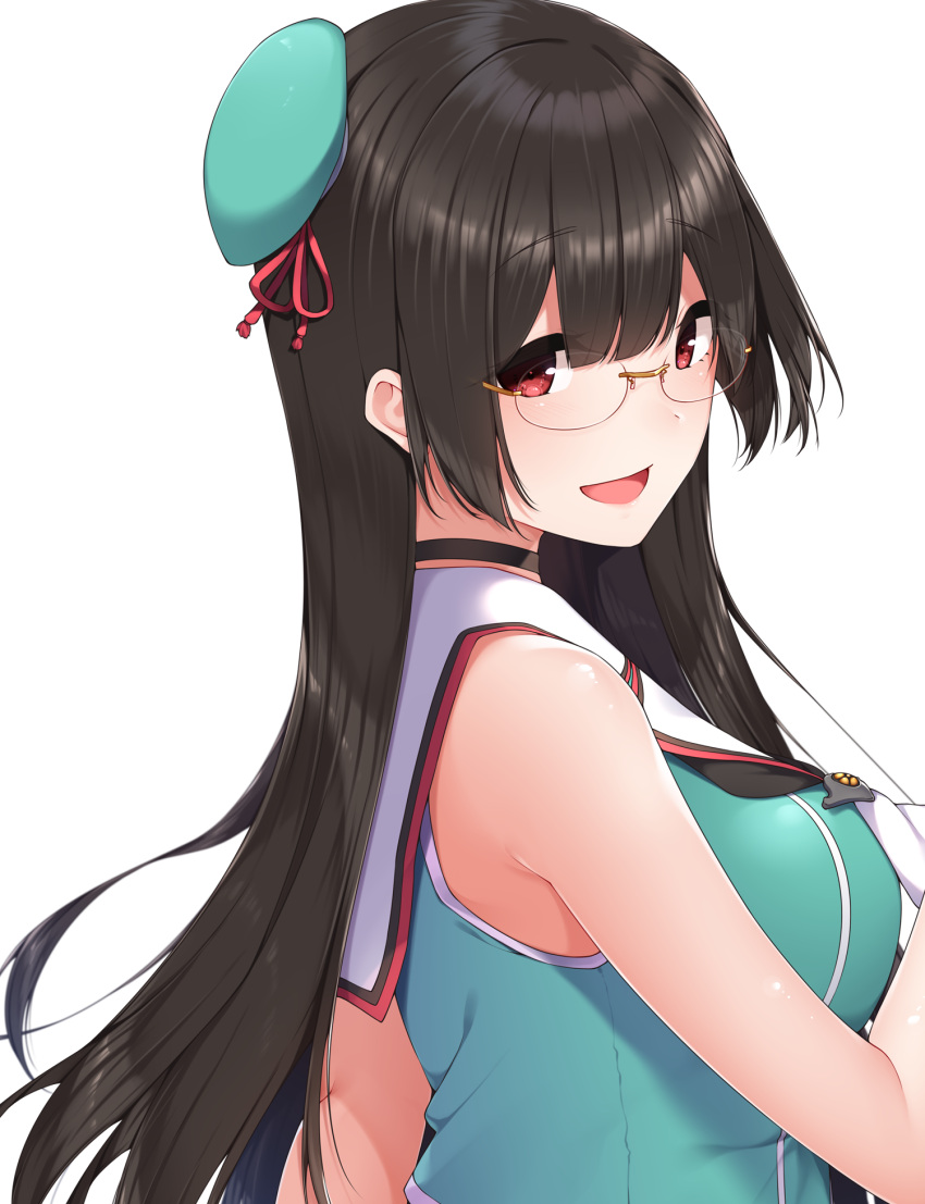 1girl aqua_hat aqua_shirt bangs bare_shoulders black_choker black_hair black_neckwear blunt_bangs bow breasts choker choukai_(kantai_collection) collarbone eyebrows_visible_through_hair glasses hat highres hime_cut kantai_collection long_hair looking_at_viewer medium_breasts open_mouth red_bow red_eyes rimless_eyewear round_eyewear sailor_collar school_uniform serafuku shiny shiny_hair shiny_skin shirt simple_background sleeveless sleeveless_shirt solo straight_hair upper_body white_background white_sailor_collar yukichi_(sukiyaki39)