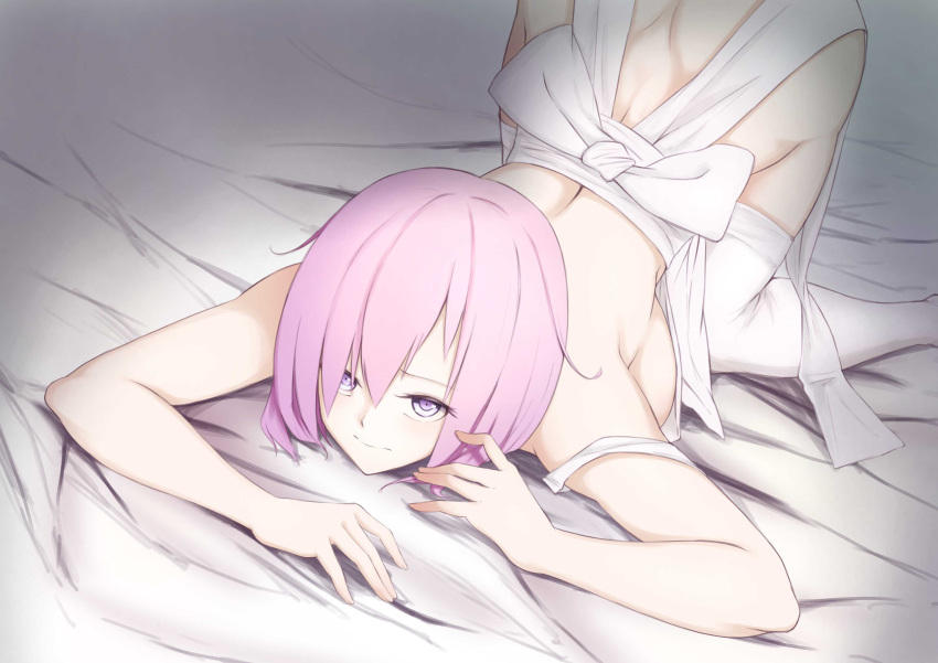 1girl absurdres apron bed_sheet breasts butt_crack fate/grand_order fate_(series) hair_between_eyes highres jilu looking_at_viewer mash_kyrielight medium_breasts naked_apron pink_hair short_hair sideboob solo thigh-highs upside-down violet_eyes white_apron white_legwear