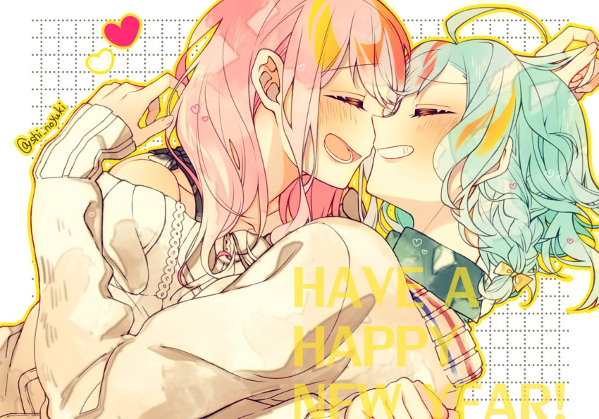 2girls ahoge aqua_hair bang_dream! bangs blush bow clenched_hands closed_eyes commentary_request english_text face-to-face grid_background grin hair_bow happy_new_year heart highres hikawa_hina hug long_sleeves maruyama_aya medium_hair multiple_girls new_year open_mouth pink_hair shino_yuki short_hair side_braids smile sweater twitter_username upper_body white_sweater yellow_bow yellow_outline yuri