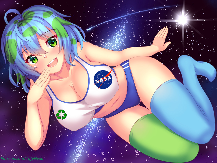 1girl ahoge bangs blue_hair blush breasts buruma cleavage collarbone commentary earth-chan english_commentary eyebrows_visible_through_hair fast-runner-2024 green_eyes green_hair hand_to_own_mouth highres large_breasts looking_at_viewer multicolored_hair nasa_logo navel open_mouth original patreon_username short_hair solo space tank_top thigh-highs two-tone_hair two-tone_legwear watermark web_address