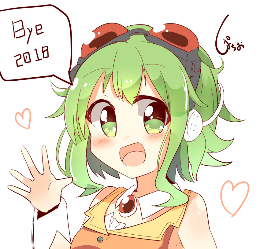 1girl 2018 2019 :d artist_name bangs blush brooch detached_collar english_text goggles goggles_on_head green_eyes green_hair gumi headphones heart highres jewelry new_year open_mouth orange_vest pachio_(patioglass) short_hair_with_long_locks signature simple_background smile solo upper_body vocaloid white_background wrist_cuffs