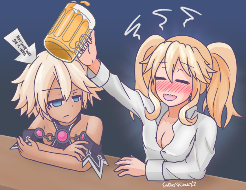 2girls alcohol alternate_costume arm_up bare_shoulders beer beer_mug breasts cleavage closed_eyes collared_shirt commentary croire dark_skin detached_sleeves drunk endlesstsubaki english_commentary english_text frown hair_between_eyes histoire long_hair looking_at_another medium_hair multiple_girls neptune_(series) no_wings open_mouth shin_jigen_game_neptune_vii shirt short_hair signature smile twintails white_shirt