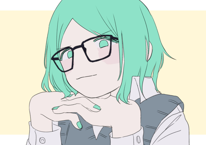 1other alternate_costume androgynous aqua_eyes aqua_hair chin_rest colored_eyelashes contemporary diffndk glasses green_eyes green_hair houseki_no_kuni looking_at_viewer no_nose phosphophyllite short_hair smile solo upper_body vest