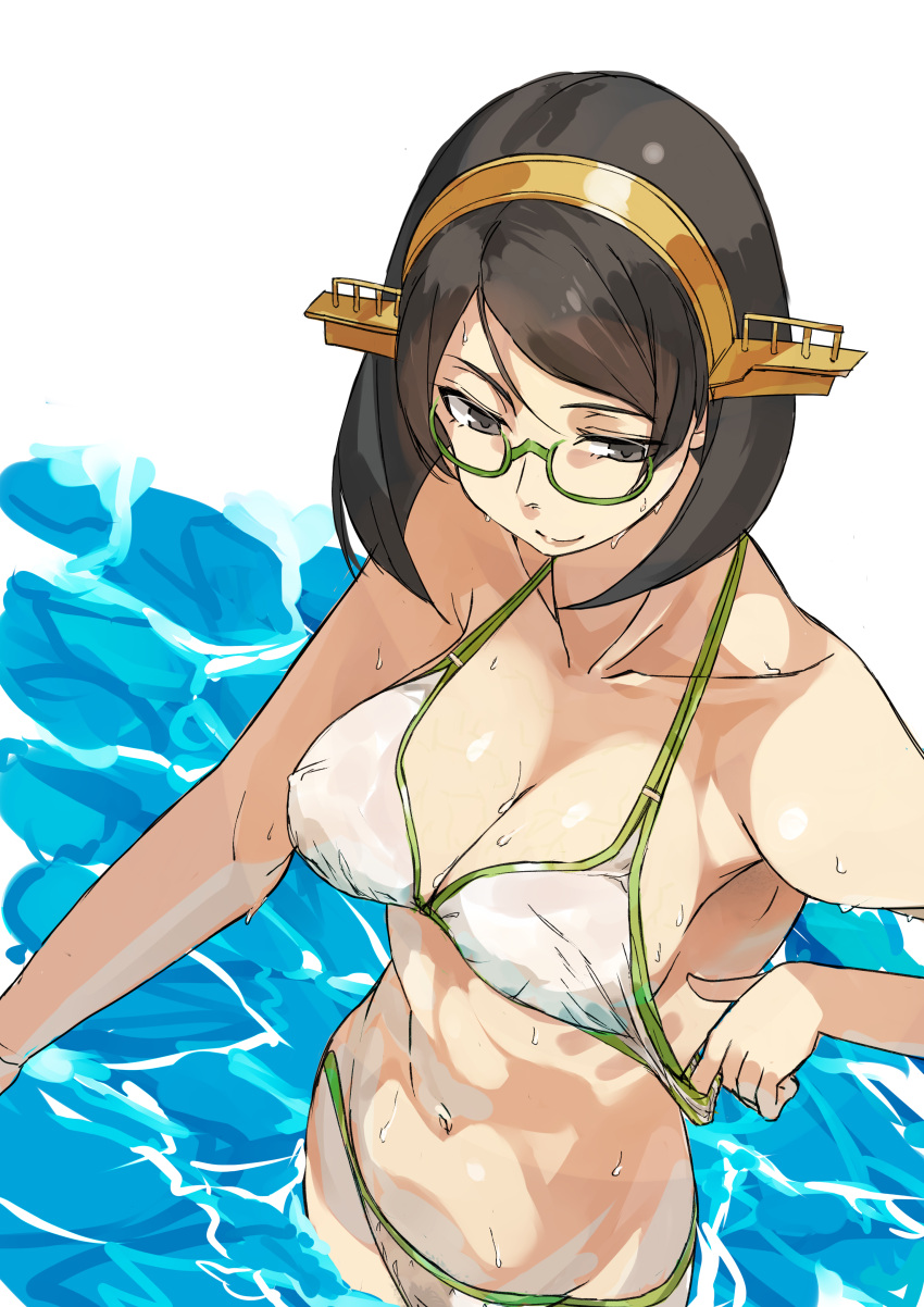 absurdres alternate_costume bare_shoulders bikini bikini_pull black_hair breasts burai_yuuki cleavage from_above glasses green-framed_eyewear headgear highres kantai_collection kirishima_(kantai_collection) large_breasts looking_to_the_side midriff navel partially_submerged pulled_by_self semi-rimless_eyewear short_hair smile swimsuit white_bikini