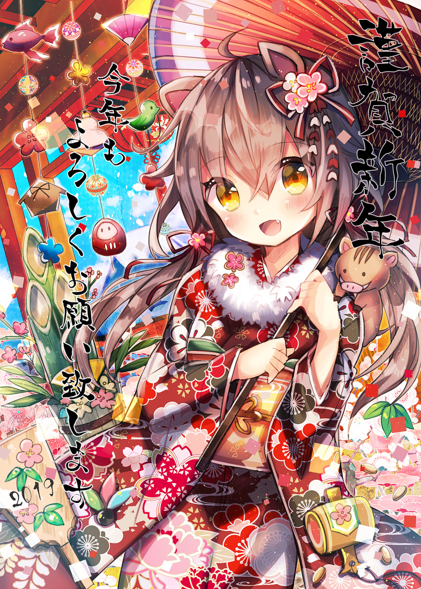 1girl 2019 :d animal_ears bamboo bangs blue_sky blush brown_eyes brown_hair chinese_zodiac clouds commentary_request day eyebrows_visible_through_hair fang floral_print flower fur_collar hagoita hair_between_eyes hair_flower hair_ornament hair_ribbon head_tilt highres holding holding_umbrella japanese_clothes kimono kohaku_muro long_hair long_sleeves low_twintails new_year obi open_mouth oriental_umbrella original outdoors paddle pink_flower print_kimono red_kimono red_ribbon red_umbrella ribbon sash sky smile solo torii twintails umbrella very_long_hair wide_sleeves year_of_the_pig