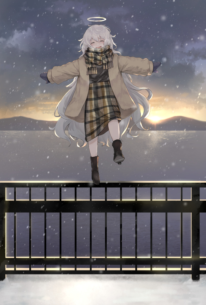 1girl balancing bangs black_footwear boots closed_eyes clouds cloudy_sky coat commentary_request eyebrows_visible_through_hair facing_viewer fence full_body halo highres horizon long_hair long_sleeves mittens ocean open_mouth original outdoors outstretched_arms plaid plaid_scarf rice_(okome_no_naru_ki) scarf sky smile snow snowing solo spread_arms standing standing_on_one_leg twilight very_long_hair water white_hair winter_clothes winter_coat