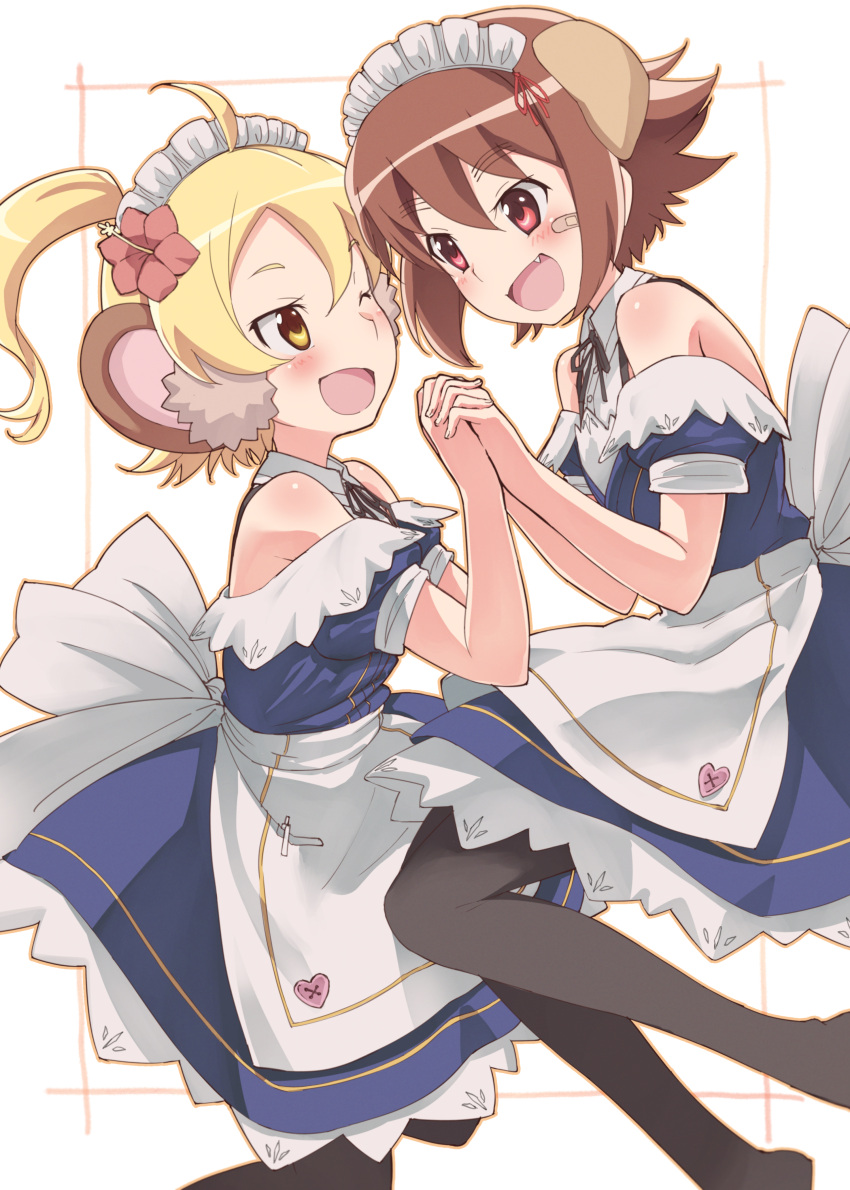 2girls ;d absurdres ahoge alternate_costume animal_ears apron bandaid_on_cheek bangs bare_shoulders blonde_hair blue_dress blush brown_eyes brown_hair brown_legwear brown_ribbon commentary_request dog_ears dress enmaided etotama eye_contact eyebrows_visible_through_hair fingernails flower hair_between_eyes hair_flower hair_ornament hand_holding highres interlocked_fingers inu-tan kii-tan looking_at_another maid maid_headdress monkey_ears multiple_girls neck_ribbon nyama off_shoulder one_eye_closed open_mouth pantyhose puffy_short_sleeves puffy_sleeves red_eyes red_flower ribbon short_sleeves smile v-shaped_eyebrows waist_apron white_apron white_background