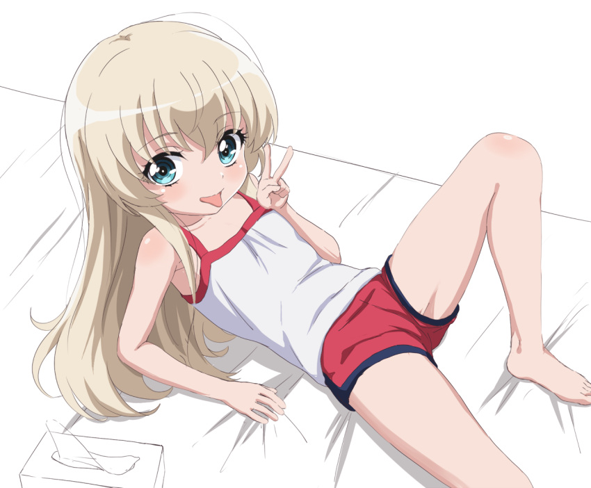 1girl arm_support barefoot blonde_hair blue_eyes knee_up legs long_hair lying on_back open_mouth red_shorts short_shorts shorts smile solo spread_legs takanashi_misha tank_top tissue tissue_box toes tongue tongue_out trg-_(sain) uchi_no_maid_ga_uzasugiru! v white_tank_top