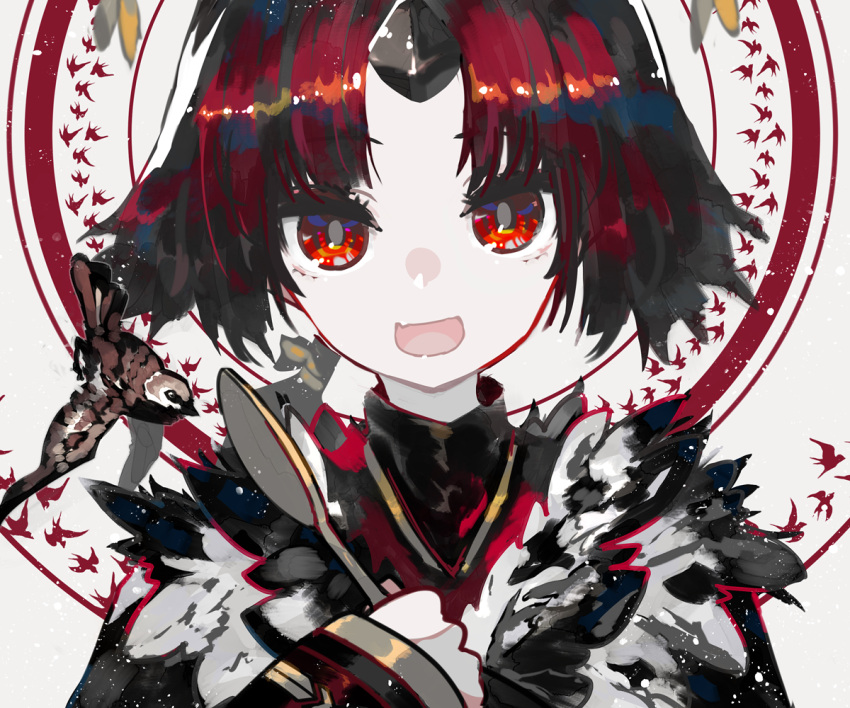 1girl benienma_(fate/grand_order) bird fate/grand_order fate_(series) feathers holding holding_spoon kusakanmuri portrait red_eyes redhead rice_spoon smile sparrow spoon