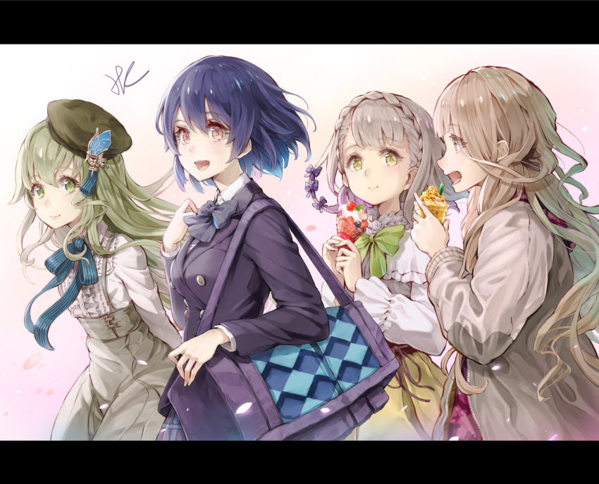 1boy 3girls :d alice_(sinoalice) bag bangs black_bow blue_neckwear blue_ribbon blush bow braid breasts briar_rose_(sinoalice) brown_eyes brown_hair brown_hat capelet closed_mouth coat collared_shirt commentary_request crown_braid eyebrows_visible_through_hair eyes_visible_through_hair floating_hair food frilled_capelet frills gradient gradient_background green_bow green_eyes green_hair grey_skirt hair_between_eyes hair_bow hair_ornament hand_up hands_up hat high-waist_skirt highres holding holding_food hoshizaki_reita ice_cream ice_cream_cone jacket leaning_forward letterboxed little_red_riding_hood_(sinoalice) long_hair long_sleeves looking_at_viewer medium_breasts multicolored_hair multiple_boys multiple_girls neck_ribbon open_mouth petals pink_background pink_hair pinocchio_(sinoalice) plaid plaid_skirt pleated_skirt profile purple_bow purple_hair purple_jacket ribbon shirt short_hair signature sinoalice skirt smile trap upper_teeth very_long_hair white_capelet white_shirt wide_sleeves wing_collar yellow_eyes yellow_skirt