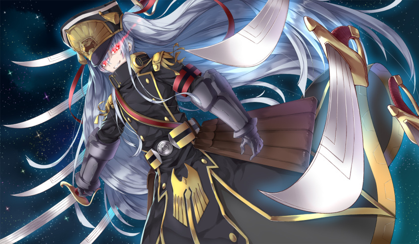 1girl altair_(re:creators) black_coat floating_hair gauntlets glowing glowing_eye grin hat holding holding_sword holding_weapon long_hair military military_hat military_uniform outdoors re:creators red_eyes saber_(weapon) silver_hair sky smile solo star_(sky) starry_sky sword uniform very_long_hair weapon yuuuuu