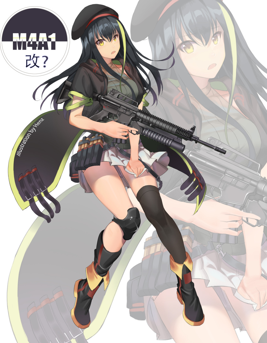 1girl absurdres alternate_costume artist_name assault_rifle asymmetrical_legwear bangs beret black_coat black_footwear black_hair black_hat black_legwear blush boots buckle character_name coat commentary_request girls_frontline green_eyes green_hair grenade_launcher gun hat henz_(86551650) highres holding holding_skirt knee_pads long_hair looking_at_viewer m4_carbine m4a1_(girls_frontline) magazine_(weapon) multicolored_hair open_mouth pleated_skirt pouch ribbed_sweater rifle sidelocks single_thighhigh skirt sleeveless sleeveless_turtleneck solo strap streaked_hair sweater thigh-highs trigger_discipline turtleneck weapon white_background white_skirt zoom_layer