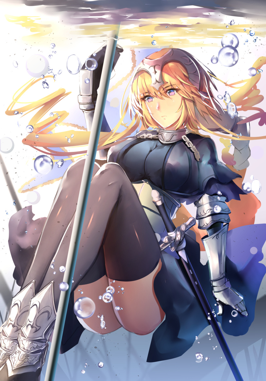 1girl absurdres armor blonde_hair blurry blurry_background braid breasts bubble commentary_request eyebrows_visible_through_hair fate/grand_order fate_(series) faulds gauntlets headpiece highres jeanne_d'arc_(fate) jeanne_d'arc_(fate)_(all) large_breasts long_braid neko-hime_(neko-hime) plackart solo standard_bearer thigh-highs underwater violet_eyes