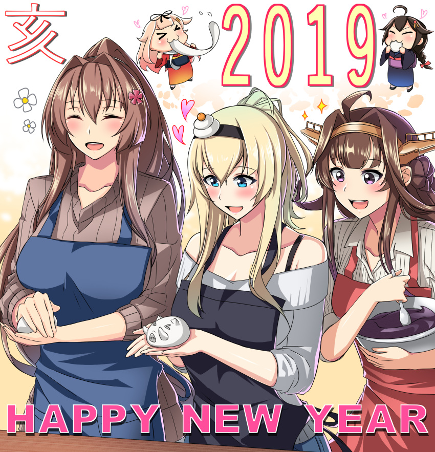 2019 5girls absurdres ahoge alternate_costume apron bare_shoulders black_apron blue_apron bowl brown_hair brown_sweater closed_eyes commentary_request cowboy_shot double_bun eating flower hair_flower hair_ornament hairband happy_new_year headgear highres japanese_clothes kantai_collection kimono kongou_(kantai_collection) long_hair mochi multiple_girls new_year obei_teitoku ponytail red_apron remodel_(kantai_collection) ribbed_sweater shigure_(kantai_collection) shirt simple_background sparkle spoon strap striped striped_shirt sweater translated warspite_(kantai_collection) white_background white_shirt white_sweater yamato_(kantai_collection) yuudachi_(kantai_collection)