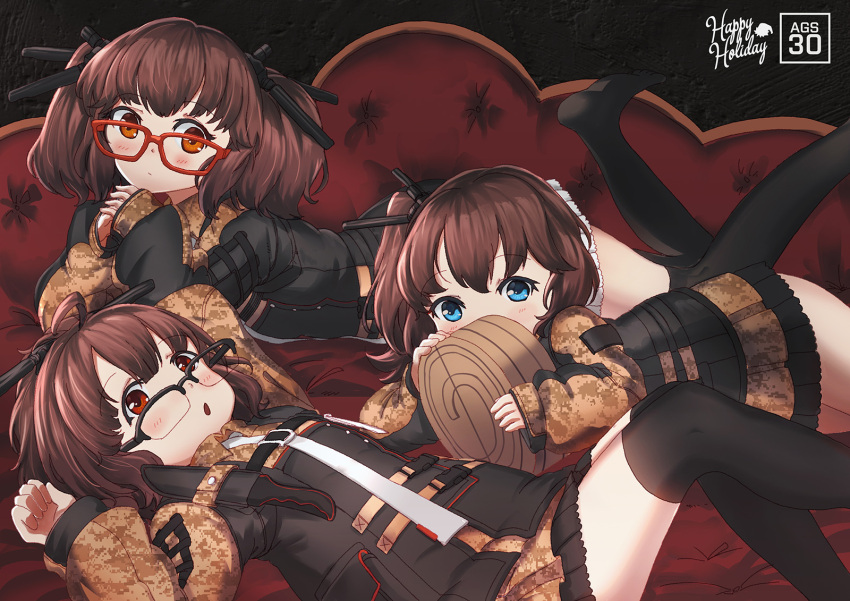 3girls ags-30_(girls_frontline) ahoge black_legwear blue_eyes blush brown_hair commentary couch date drum_magazine english_text girls_frontline glasses hair_ornament highres looking_at_viewer lying military military_operator military_uniform multiple_girls no_shoes on_stomach open_mouth optical_camouflage persocon93 red_eyes sheath sheathed side_ponytail thigh-highs twintails uniform weapon
