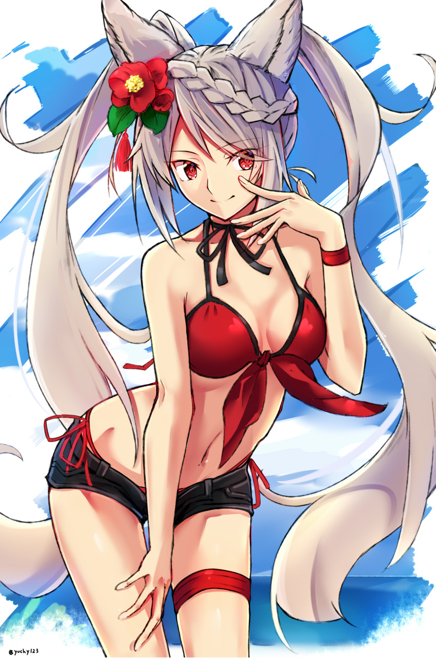 1girl animal_ears artist_name bangs bikini black_ribbon black_shorts braid breasts choker cleavage collarbone cowboy_shot eyebrows_visible_through_hair floating_hair flower fox_ears fraux granblue_fantasy hair_flower hair_ornament halterneck hand_on_lap highres leaning_forward long_hair medium_breasts micro_shorts navel open_clothes open_shorts red_bikini red_eyes red_flower ribbon ribbon_choker shorts side-tie_bikini silver_hair smile solo standing swept_bangs swimsuit thigh_strap very_long_hair wristband yuchio