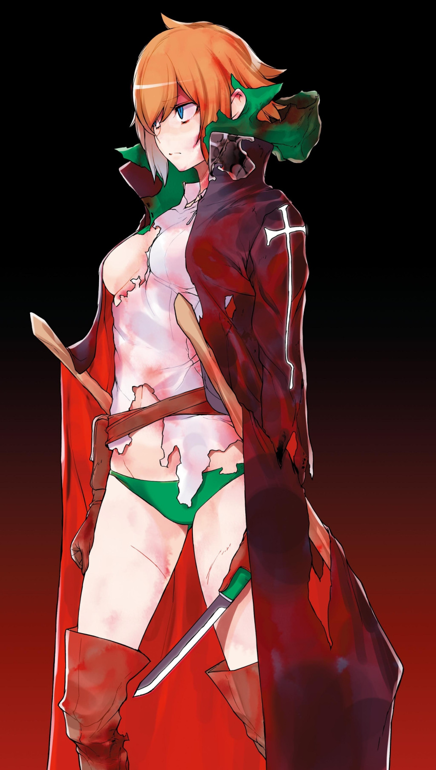 1girl absurdres black_cape blood bloody_clothes boots breasts brown_footwear brown_hair cape dungeon_ni_deai_wo_motomeru_no_wa_machigatteiru_darou_ka green_eyes green_panties highres holding holding_knife knife medium_breasts midriff navel novel_illustration official_art panties shiny shiny_hair shirt short_hair solo standing stomach thigh-highs thigh_boots torn_clothes torn_panties torn_shirt underwear white_shirt yasuda_suzuhito