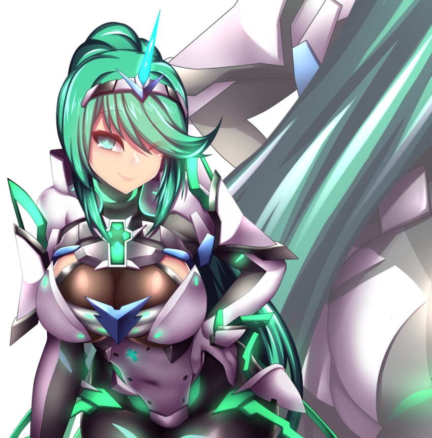 1girl armor ass back bangs blinking blush bodystocking breasts character_name cleavage closed_mouth cowboy_shot earrings eyebrows_visible_through_hair faulds gauntlets green_eyes green_hair headband high_ponytail jewelry large_breasts lips long_hair looking_at_viewer nintendo pantyhose pixivfi-san pneuma_(xenoblade) ponytail pose see-through sidelocks simple_background smile solo spoilers standing very_long_hair white_background xenoblade_(series) xenoblade_2