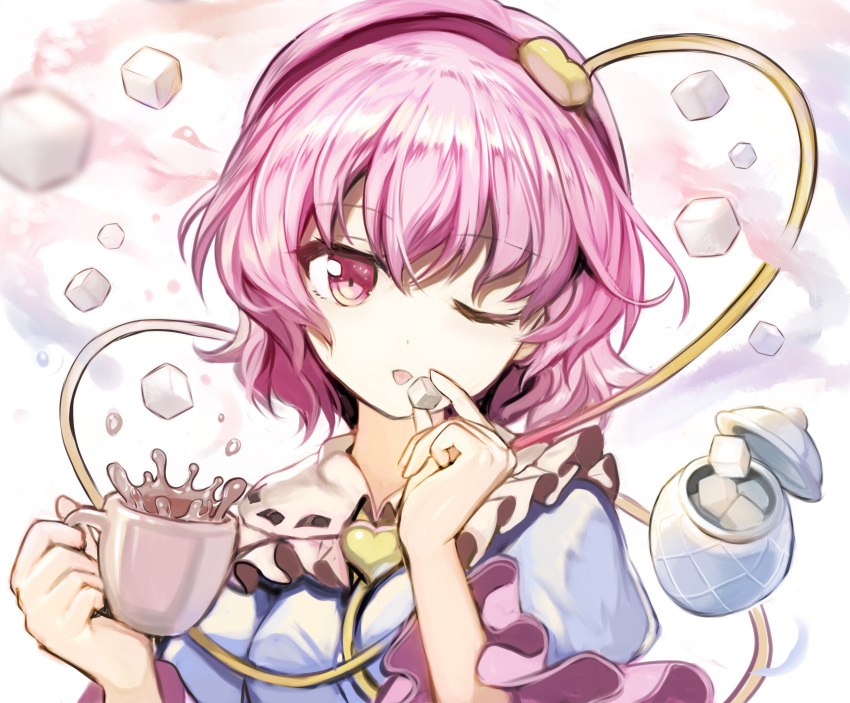 1girl bangs blue_shirt commentary_request cup eyebrows_visible_through_hair frilled_shirt_collar frills fuupu hair_between_eyes hair_ornament hairband hands_up head_tilt heart heart_hair_ornament highres holding holding_cup komeiji_satori looking_at_viewer one_eye_closed parted_lips pink_eyes pink_hair puffy_short_sleeves puffy_sleeves purple_hairband shirt short_hair short_sleeves smile solo sugar_cube teacup touhou upper_body white_background