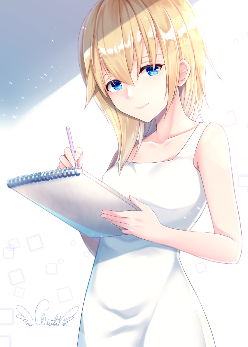 1girl absurdres bare_arms blonde_hair blue_eyes chiutake_mina collarbone commentary_request dress highres holding holding_notebook holding_pencil kingdom_hearts kingdom_hearts_chain_of_memories kingdom_hearts_ii long_hair looking_at_viewer namine pencil signature sketchbook smile solo white_dress