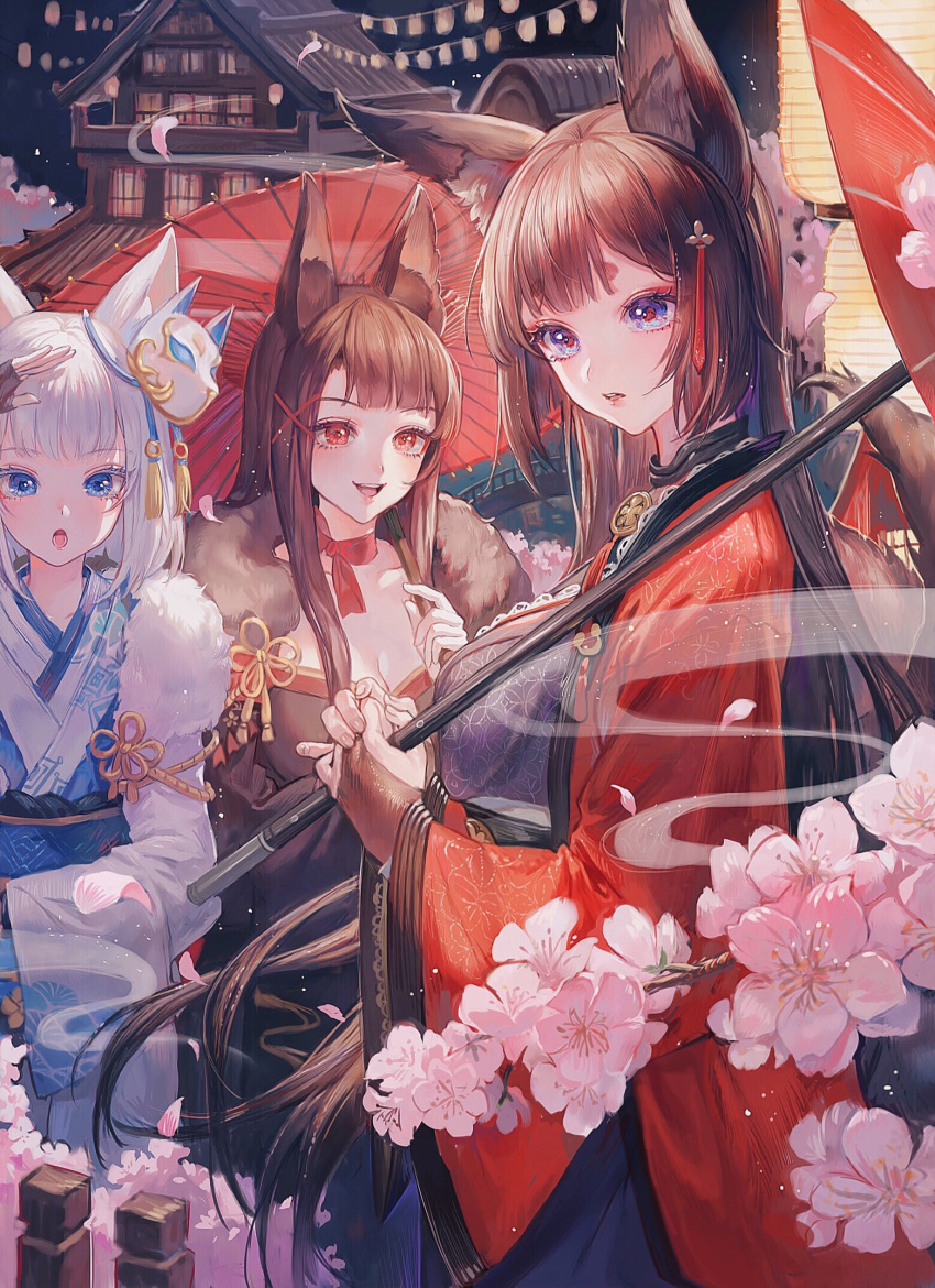 1girl 3girls animal_ears azur_lane bangs blue_eyes blue_kimono blunt_bangs brown_hair eyebrows eyebrows_visible_through_hair fox_ears fox_mask fox_tail highres japanese_clothes kimono long_hair looking_at_viewer maccha_(mochancc) mask multiple_girls new_year oriental_umbrella red_eyes red_kimono short_hair silver_hair tail umbrella wide_sleeves