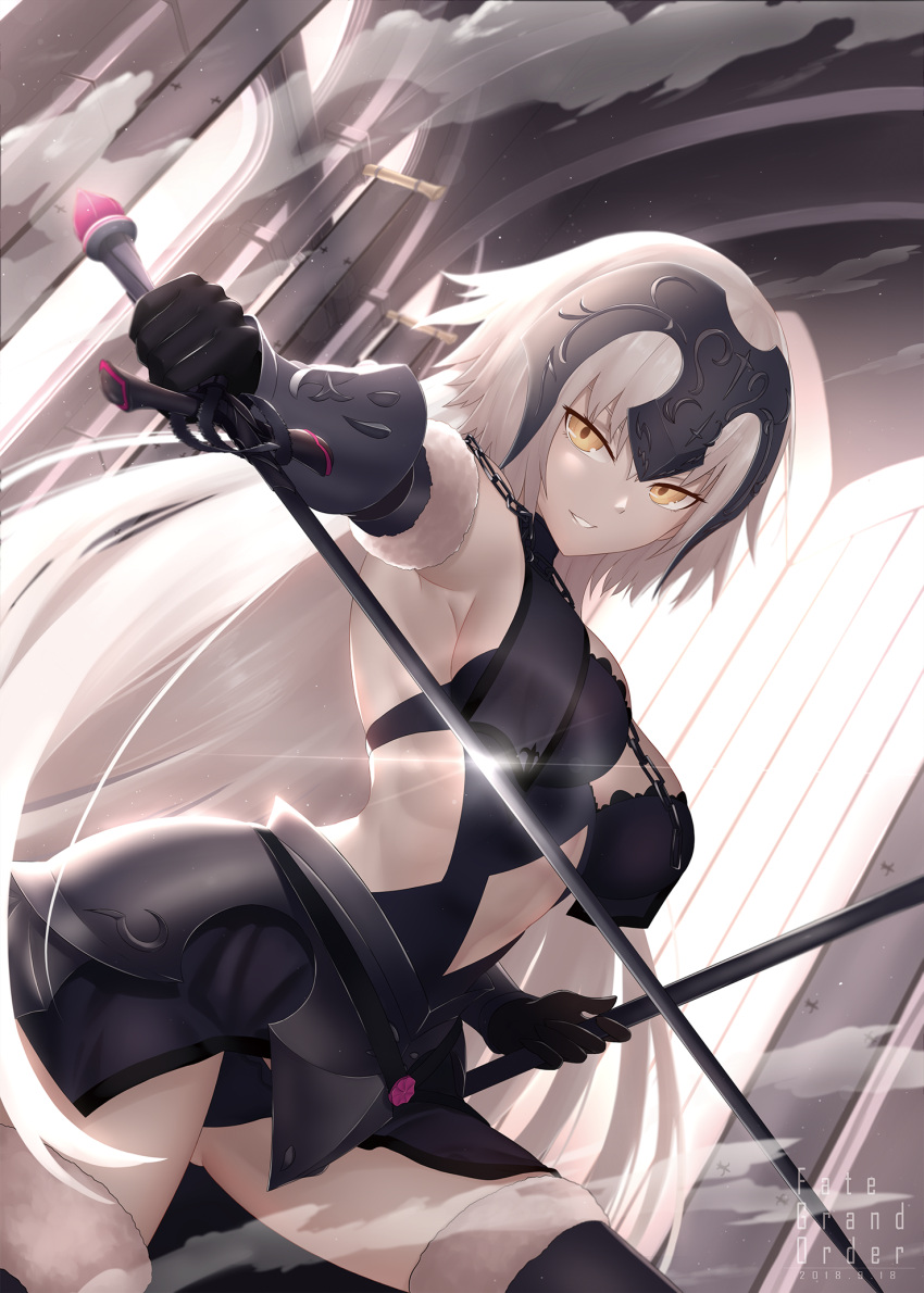 1girl ahoge arch armpits black_dress breasts bu_li center_opening chains commentary_request dress dutch_angle eyebrows_visible_through_hair fate/grand_order fate_(series) faulds fur_trim gauntlets grin headpiece highres holding holding_sword holding_weapon indoors jeanne_d'arc_(alter)_(fate) jeanne_d'arc_(fate)_(all) large_breasts long_hair navel silver_hair smile sword thigh-highs tsurime vapors weapon windows yellow_eyes