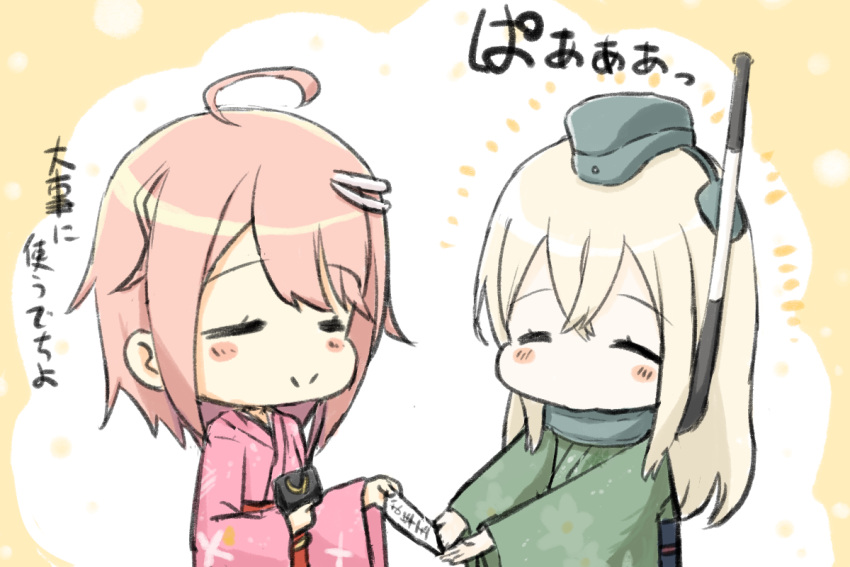 2girls ahoge alternate_costume bag blush chibi closed_eyes closed_mouth commentary_request engiyoshi garrison_cap hair_between_eyes hair_ornament handbag hat headgear i-58_(kantai_collection) japanese_clothes kantai_collection long_hair looking_at_another multiple_girls pink_hair simple_background smile translation_request u-511_(kantai_collection) white_hair