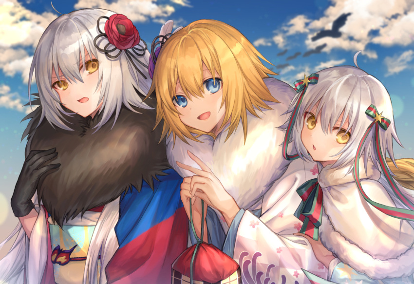 .com_(cu_105) 3girls :d :o ahoge bangs black_ribbon blonde_hair blue_eyes blue_sky blurry blurry_background capelet chestnut_mouth clouds cloudy_sky commentary_request day depth_of_field eyebrows_visible_through_hair fate/grand_order fate_(series) floral_print flower fur-trimmed_capelet fur_collar fur_trim green_ribbon hair_between_eyes hair_flower hair_ornament hair_ribbon hands_up head_tilt holding japanese_clothes jeanne_d'arc_(alter)_(fate) jeanne_d'arc_(fate) jeanne_d'arc_(fate)_(all) jeanne_d'arc_alter_santa_lily kimono long_hair looking_at_viewer multiple_girls open_mouth outdoors parted_lips red_flower ribbon short_hair side-by-side sidelocks silver_hair sky smile star star_hair_ornament white_capelet yellow_eyes