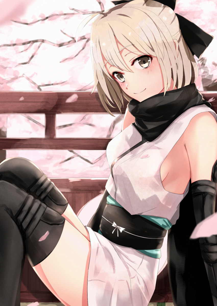 bare_thighs blush breasts cherry_blossoms closed_mouth detached_sleeves eyebrows_visible_through_hair fate/grand_order fate_(series) hair_ribbon highres japanese_house ka1se1 looking_at_viewer obi okita_souji_(alter)_(fate) okita_souji_(fate)_(all) ribbon sash scarf short_hair sideboob sitting smile