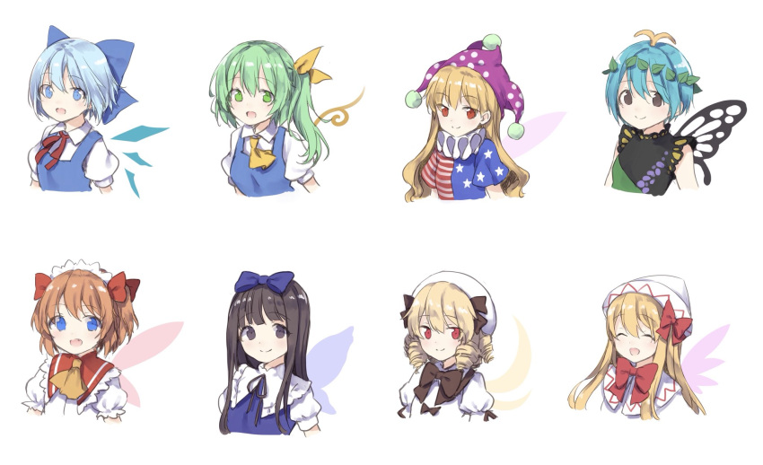 6+girls american_flag_dress antennae ascot bangs black_hair black_neckwear black_ribbon blonde_hair blue_bow blue_dress blue_eyes blue_hair blunt_bangs bow bowtie brown_eyes butterfly_wings cirno closed_eyes clownpiece cropped_torso daiyousei dress drill_hair eternity_larva eyebrows_visible_through_hair fairy_wings green_eyes green_hair hair_bow hair_ribbon hat highres jester_cap leaf leaf_on_head lily_white looking_at_viewer luna_child multiple_girls neck_ruff open_mouth orange_hair polka_dot puffy_short_sleeves puffy_sleeves purple_hat red_bow red_eyes red_neckwear ribbon risui_(suzu_rks) shirt short_hair short_sleeves side_ponytail simple_background sleeveless sleeveless_dress smile star star_print star_sapphire striped sunny_milk touhou two_side_up white_background white_hat white_shirt wing_collar wings yellow_neckwear yellow_ribbon