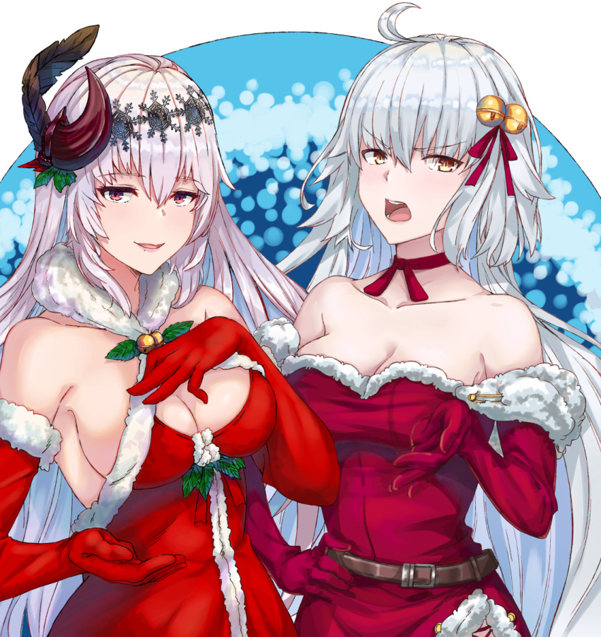 2girls alternate_costume bangs bare_shoulders bell bow breasts christmas cleavage dark_jeanne elbow_gloves fate/grand_order fate_(series) feathers fur_collar fur_trim gloves granblue_fantasy hair_ornament highres jeanne_d'arc_(alter)_(fate) jeanne_d'arc_(fate)_(all) jingle_bell kinoko_(shikimylove) large_breasts long_hair looking_at_viewer mistletoe multiple_girls open_mouth red_bow red_eyes red_ribbon ribbon santa_costume silver_hair simple_background smile tsurime white_background white_hair yellow_eyes