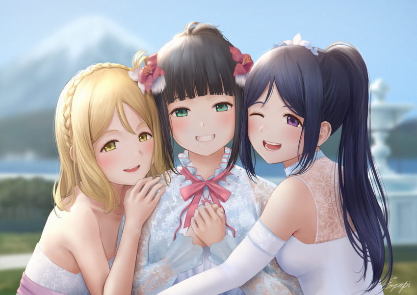 3girls ;d artist_name bangs bare_shoulders black_hair blonde_hair blue_hair blunt_bangs blurry blurry_background blush bow bowtie braid commentary_request crown_braid day detached_sleeves flower fountain frilled_shirt_collar frills green_eyes hair_flower hair_ornament hand_on_another's_shoulder hands_on_own_chest hands_together hug kurosawa_dia lace_trim long_sleeves looking_at_viewer love_live! love_live!_sunshine!! matsuura_kanan mount_fuji multiple_girls ohara_mari one_eye_closed open_mouth outdoors papi_(papiron100) pink_neckwear ponytail red_flower see-through_sleeves smile tiara upper_body violet_eyes white_flower yellow_eyes