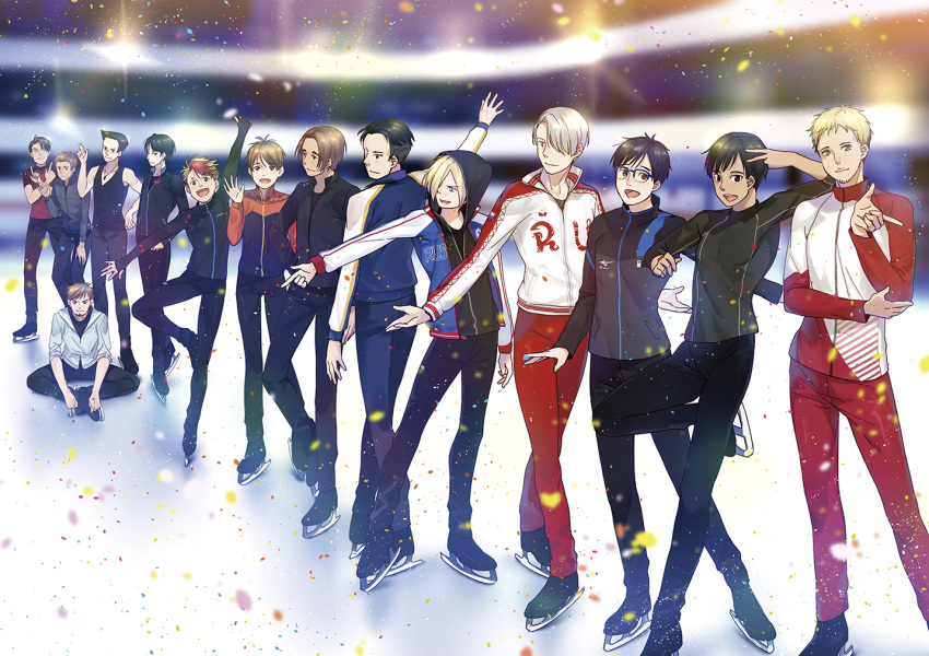 6+boys :d beard black_hair blonde_hair blue_eyes brown_eyes christophe_giacometti confetti emil_nekola facial_hair fang georgi_popovich green_eyes hair_over_one_eye hood hoodie ice_skates it's_j.j._style! jacket jean-jacques_leroy ji_guang-hong katsuki_yuuri lee_seung-gil leo_de_la_iglesia male_focus michele_crispino minami_kenjirou multicolored_hair multiple_boys open_mouth otabek_altin outstretched_arms pants phichit_chulanont redhead sitting skates smile spread_arms standing standing_on_one_leg stubble tank_top track_jacket track_pants two-tone_hair v viktor_nikiforov yuri!!!_on_ice yuri_plisetsky yuyu_(yuyudesu0806)