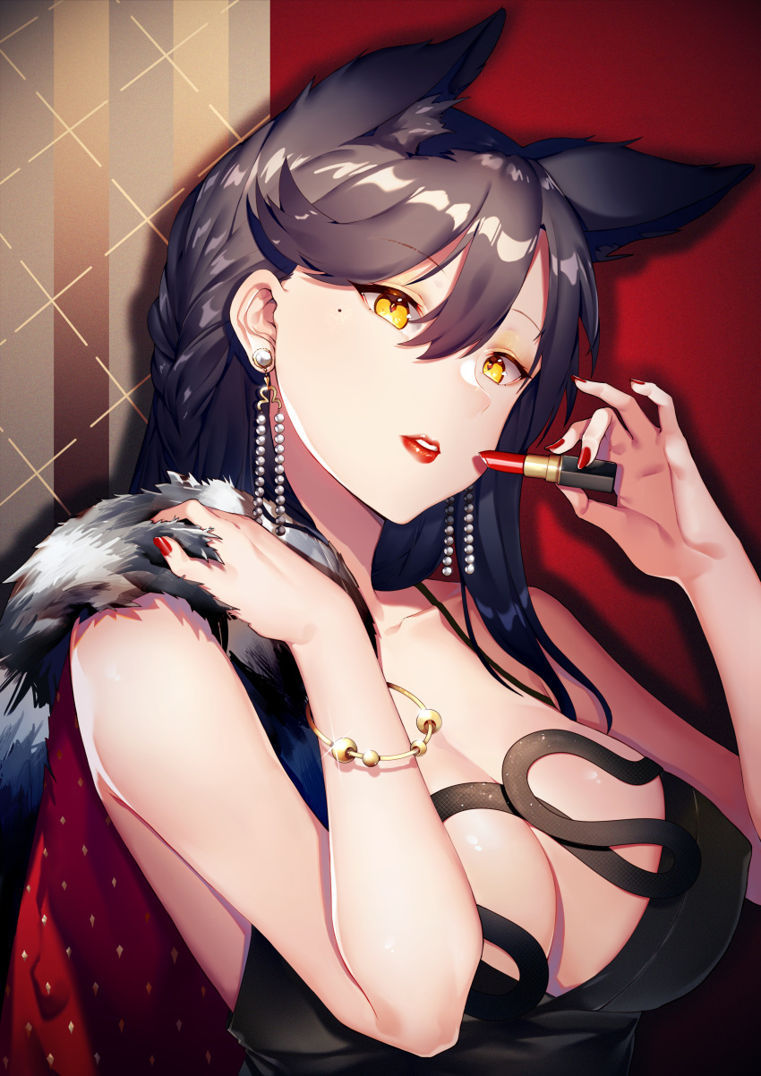 1girl absurdres animal_ears applying_makeup atago_(azur_lane) azur_lane bangle bangs black_dress black_hair blush bracelet breasts brown_eyes cleavage collarbone dress earrings extra_ears eyebrows_visible_through_hair glint gold hair_between_eyes halter_dress head_tilt highres holding_lipstick iiiroha jewelry large_breasts long_hair looking_at_viewer mole mole_under_eye nail_polish parted_lips pearl_earrings red_lips red_nails shawl sidelocks skindentation smile solo swept_bangs upper_body