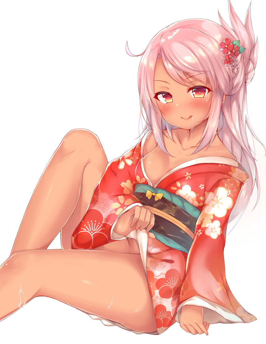 1girl absurdres bangs bare_shoulders blush breasts chloe_von_einzbern closed_mouth clothes_lift collarbone dark_skin fate/kaleid_liner_prisma_illya fate_(series) floral_print flower hair_flower hair_ornament half_updo happy_new_year highres japanese_clothes kimono knee_up licking_lips long_hair looking_at_viewer new_year obi orange_eyes orange_kimono pink_hair sash sidelocks simple_background sitting small_breasts smile solo swept_bangs thighs tiguruvurumudo_vuorun tongue tongue_out white_background wide_sleeves