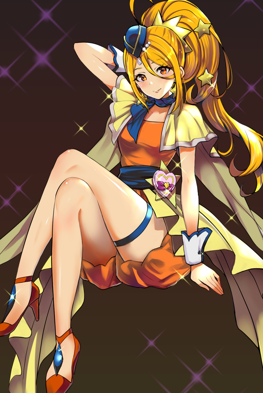 1girl ahoge bare_legs blonde_hair blue_hat blue_scarf breasts capelet cure_etoile dress garrison_cap hair_ornament hat high_heels highres hugtto!_precure invisible_chair kagayaki_homare legs legs_crossed looking_at_viewer magical_girl orange_dress orange_eyes ponytail precure puca-rasu scarf sitting small_breasts smile solo sparkle star star_hair_ornament thighlet wrist_cuffs