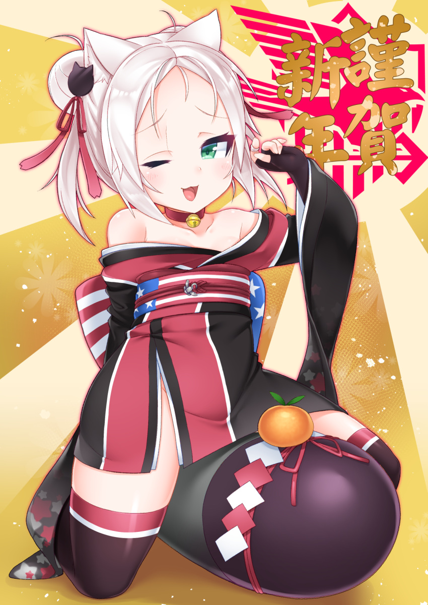 1girl ;d american_flag animal_ears azur_lane bare_shoulders black_gloves black_legwear cat_ears elbow_gloves fingerless_gloves flag_print gloves green_eyes happy_new_year highres japanese_clothes kirisame_mia long_hair new_year one_eye_closed open_mouth silver_hair sims_(azur_lane) smile solo thigh-highs translated white_hair