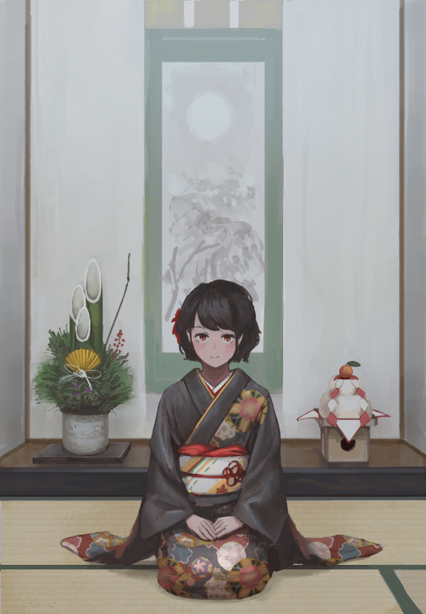 1girl bamboo bangs black_hair black_kimono closed_mouth fjsmu floral_print full_body furisode hair_ornament highres indoors japanese_clothes kimono long_sleeves looking_at_viewer obi plant potted_plant print_kimono red_eyes sanpaku sash seiza shameimaru_aya short_hair sidelocks sitting smile solo swept_bangs tatami touhou wide_sleeves