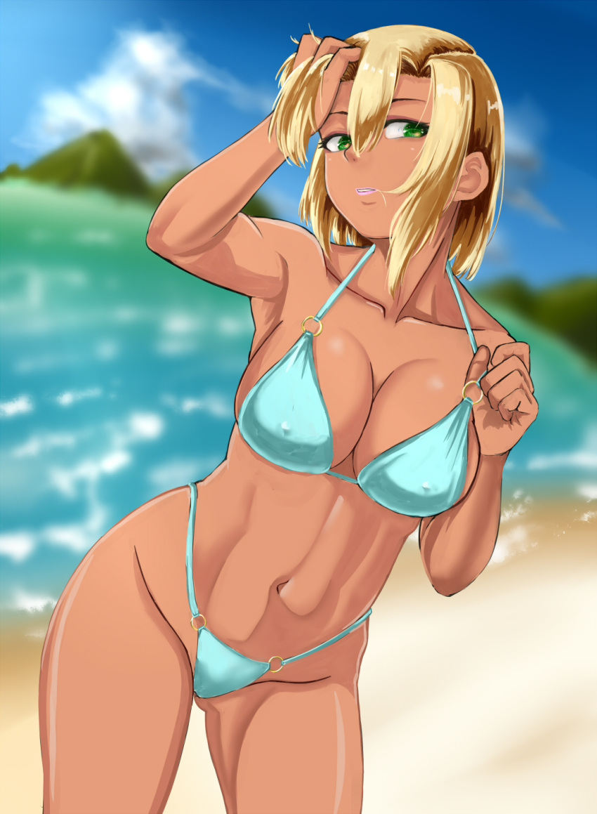 1girl adjusting_clothes adjusting_swimsuit aqua_bikini bangs beach bikini blonde_hair blue_sky blurry blurry_background closed_mouth clouds cloudy_sky commentary contrapposto dark_skin day erect_nipples frown gluteal_fold green_eyes groin gyaru hair_in_mouth hand_in_hair highres kogal lips lipstick looking_at_viewer makeup mutsuki_(mutsuki0110) navel o-ring o-ring_bikini ocean original outdoors pink_lips short_hair sky solo standing string_bikini swimsuit