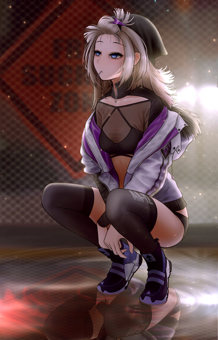 1girl aa-12_(girls_frontline) absurdres bangs_pinned_back between_legs black_footwear black_hat black_legwear black_panties blue_eyes blurry blurry_background bright_pupils chain-link_fence character_name clothes_writing collarbone commentary crop_top double_vertical_stripe drawstring eyeshadow fence full_body fur-trimmed_jacket fur_trim girls_frontline grey_hair grey_jacket hair_ornament hand_between_legs hat highres ice jacket long_hair long_sleeves looking_away looking_up makeup mouth_hold no_pants panties reflection reflective_floor shoes solo squatting star star_hair_ornament testame thigh-highs tsurime underwear unzipped zipper