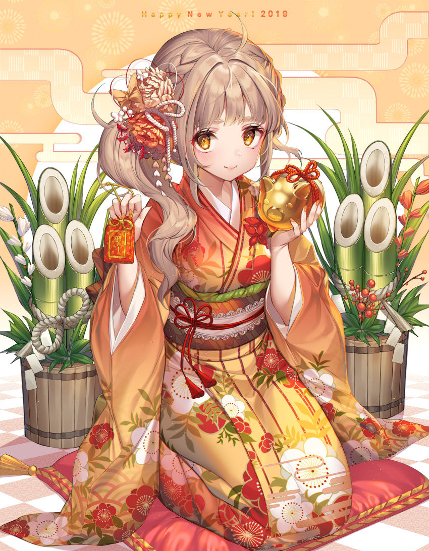 1girl 2019 ahoge bangs blunt_bangs blush breasts brown_hair closed_mouth egasumi floral_print full_body hair_ornament happy_new_year highres holding japanese_clothes kanzashi kimono kinty long_hair looking_at_viewer nengajou new_year obi original pillow plant potted_plant sash seiza side_ponytail sidelocks sitting small_breasts smile translated wide_sleeves yellow_eyes