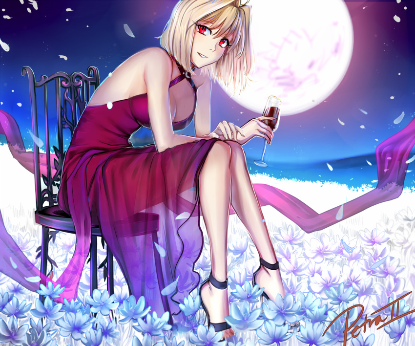 1girl arcueid_brunestud blonde_hair boots breasts cleavage cup dress flower from_side full_body full_moon grin halterneck high_heel_boots high_heels holding holding_cup large_breasts long_dress moon petra-ii red_dress red_eyes see-through short_hair sitting sleeveless sleeveless_dress smile solo tsukihime white_flower white_petals