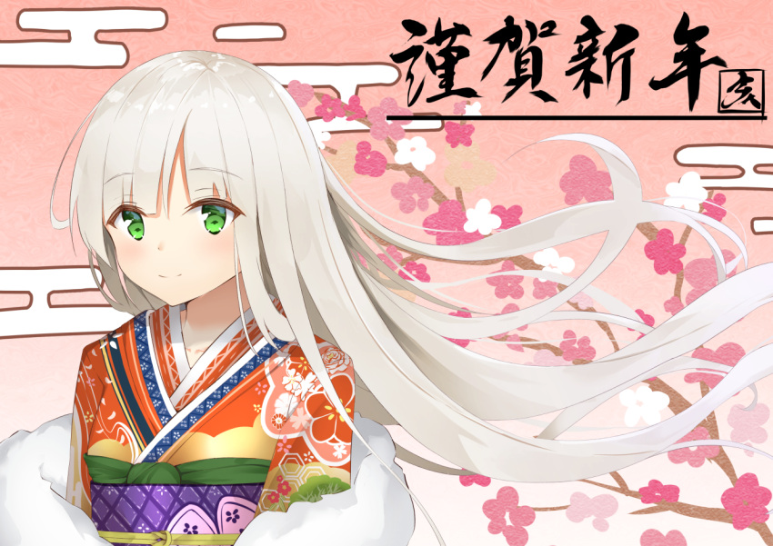 1girl bangs blush closed_mouth commentary_request egasumi eyebrows_visible_through_hair floating_hair floral_print flower fur_collar green_eyes hikashou japanese_clothes kimono long_hair looking_at_viewer obi orange_kimono original pink_flower print_kimono sash silver_hair smile solo translated tree_branch upper_body very_long_hair white_flower