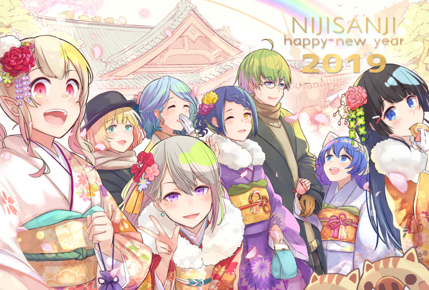 1boy 2019 6+girls :d ahoge bag bangs black_hair black_kimono blonde_hair blue_hair blue_kimono blush bow braid brat brown_kimono brown_sweater character_request commentary_request copyright_name day eating elu_(nijisanji) eyebrows_visible_through_hair fingernails floral_print flower food fur_collar gloves green_eyes green_jacket hair_between_eyes hair_bow hair_flower hair_ornament hairclip half-closed_eyes half_gloves hand_to_own_mouth handbag happy_new_year higuchi_kaede holding holding_bag holding_food jacket japanese_clothes kimono light_brown_hair long_hair long_sleeves multicolored_hair multiple_girls new_year nijisanji obi one_eye_closed open_clothes open_jacket open_mouth orange_eyes outdoors pink_flower pink_hair pink_rose print_kimono purple_kimono rainbow red_eyes red_kimono rose sash shizuka_rin sidelocks silver_hair smile sweater tsukino_mito two-tone_hair v very_long_hair virtual_youtuber white_bow white_gloves white_kimono wide_sleeves