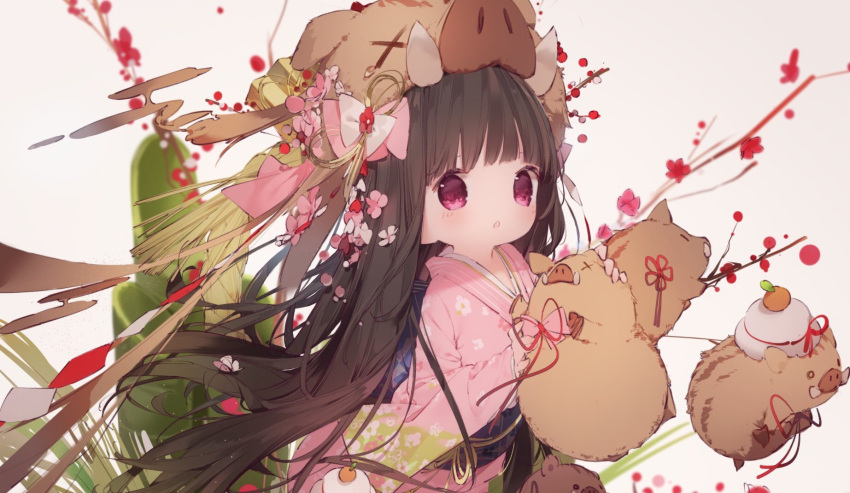 1girl :o animal blurry blurry_background blush brown_hair chinese_zodiac commentary_request depth_of_field flower grey_background highres japanese_clothes kagami_mochi kimono long_hair long_sleeves looking_at_viewer mabuta_(byc0yqf4mabye5z) obi original parted_lips pig pink_kimono red_flower sash simple_background sleeves_past_wrists solo tears very_long_hair violet_eyes x_x year_of_the_pig