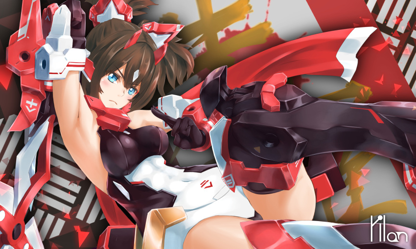 1girl armor artist_name asura_ninja bangs blue_eyes breasts brown_hair commentary_request highres leotard medium_breasts megami_device ninja red_scarf scarf short_hair sidelocks solo twintails yilan_un