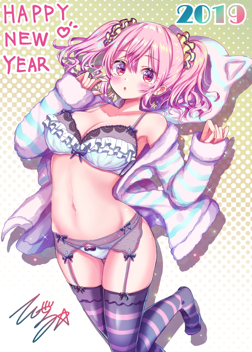 1girl 2019 :o absurdres animal_hood aqua_bra aqua_panties armpits bangs bare_shoulders black_legwear blush bra breasts cleavage collarbone commentary_request earrings frilled_bra frills garter_belt groin hair_between_eyes hair_ornament hair_scrunchie hands_up happy_new_year highres hood hoodie jewelry large_breasts leg_up lingerie long_hair long_sleeves looking_at_viewer navel new_year no_shoes original panties parted_lips pinching_sleeves pink_hair polka_dot polka_dot_background red_eyes scrunchie shadow sidelocks signature skindentation sleeves_past_wrists solo sparkle star star_earrings stomach strap_gap striped striped_legwear tenzeru thigh-highs twintails underwear wavy_hair yellow_scrunchie