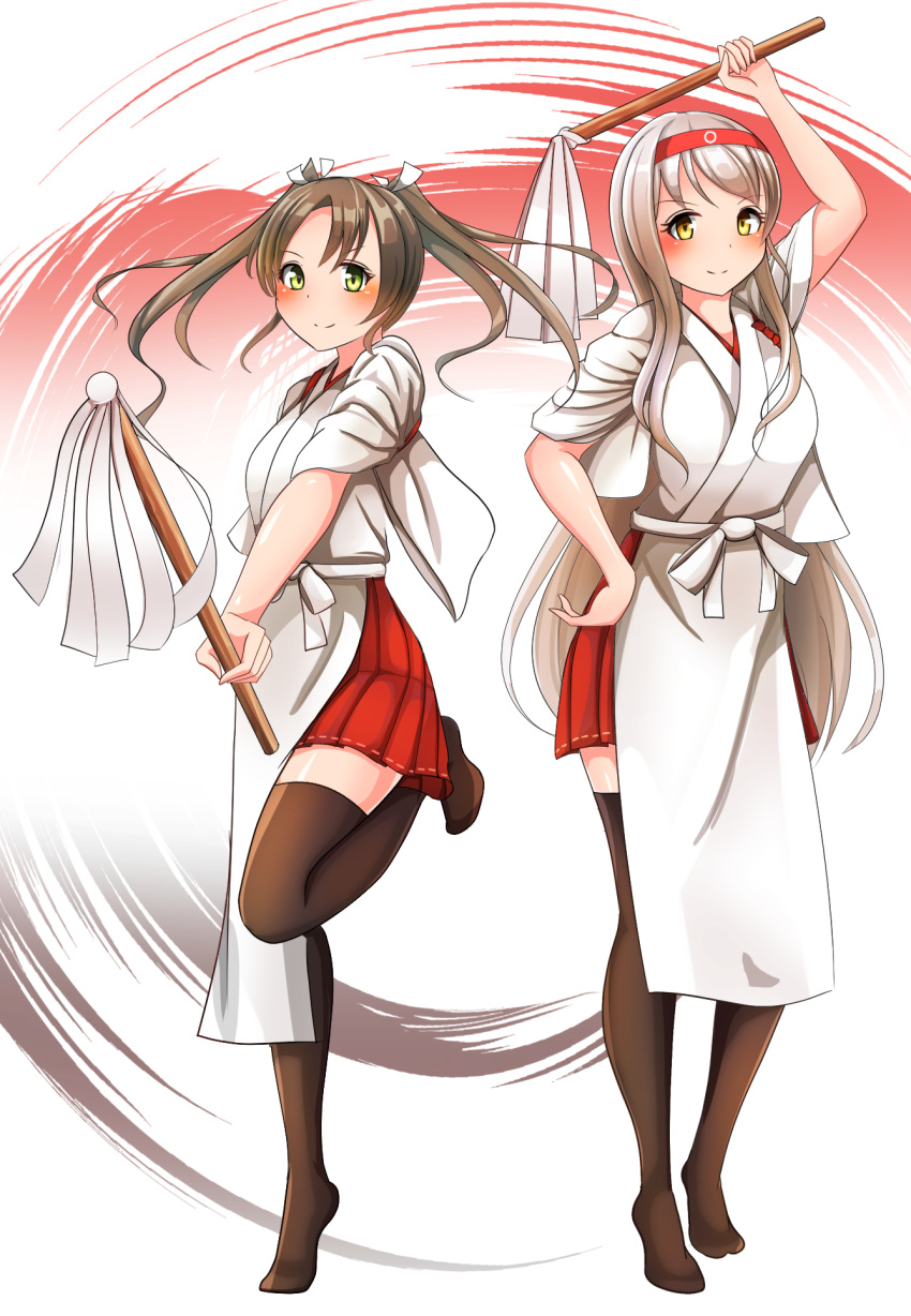 2girls apron bakaroba blush eyebrows_visible_through_hair gohei green_hair hair_ribbon hairband hakama_skirt headband highres japanese_clothes kantai_collection long_hair multiple_girls ribbon shoukaku_(kantai_collection) silver_hair smile twintails white_hair white_ribbon yellow_eyes zuikaku_(kantai_collection)