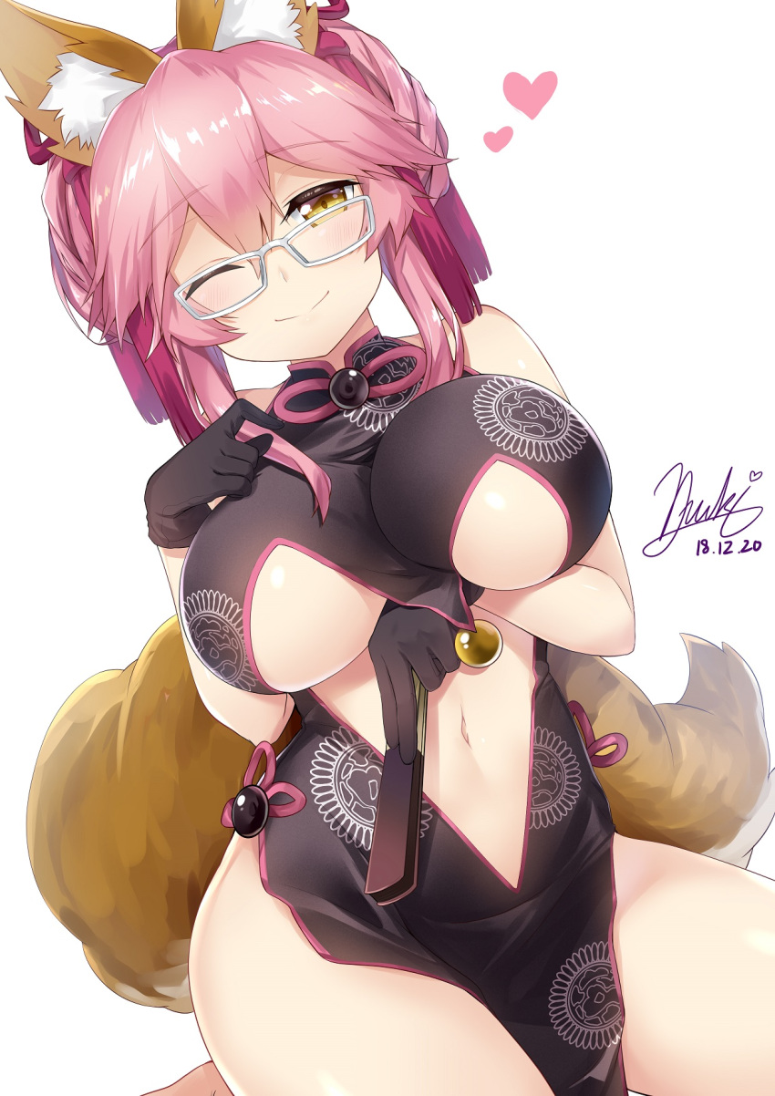 1girl animal_ear_fluff animal_ears bangs bare_shoulders black_dress black_gloves blush breasts china_dress chinese_clothes cleavage closed_mouth dress eyebrows_visible_through_hair fan fate/grand_order fate_(series) folding_fan fox_ears fox_tail glasses gloves hair_between_eyes hair_ribbon heart highres koyanskaya large_breasts looking_at_viewer navel one_eye_closed pink_hair pink_ribbon revision ribbon side_slit simple_background smile solo subaru_(794829485) tail tamamo_(assassin)_(fate) tamamo_(fate)_(all) tamamo_no_mae_(fate) upper_body white-framed_eyewear white_background yellow_eyes