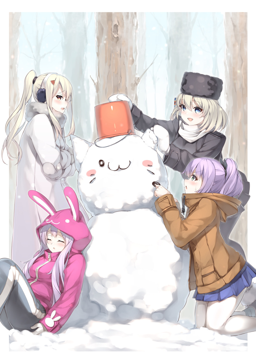 4girls :d absurdres animal_ears animal_hood ayanami_(azur_lane) azur_lane bangs black_coat black_hat black_ribbon blue_eyes blue_skirt blush bow brown_coat brown_eyes bucket_hat bunny_hood coat commentary_request day earmuffs eyebrows_visible_through_hair fur fur_collar gloves green_eyes grey_mittens grey_pants hair_between_eyes hair_bow hair_ornament hair_ribbon hairclip hat high_ponytail highres hood hood_down hood_up hooded_coat hooded_jacket jacket javelin_(azur_lane) kneeling laffey_(azur_lane) light_brown_hair long_hair long_sleeves mittens multiple_girls open_mouth outdoors pants pantyhose parted_lips pink_jacket pleated_skirt ponytail purple_hair rabbit_ears ribbon shoes silver_hair sitting skirt sleeves_past_wrists smile snow snowman standing striped striped_bow sweat tree very_long_hair white_coat white_footwear white_gloves white_legwear white_mittens yamanokami_eaka z23_(azur_lane)